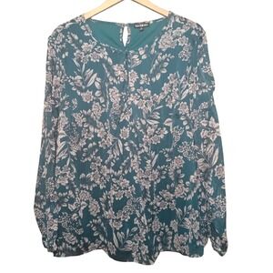 Sara Michele Teal Floral Sheer‎ Long Sleeve Keyhole Blouse Top Plus Size 3X